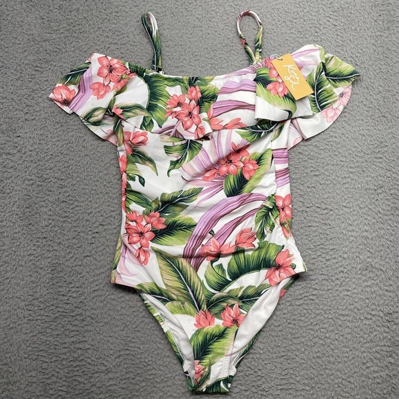 Kona Sol One Piece Swim Suit Womens Small Pink Tropical High Coverage Ruffle Top - Picture 2 of 11